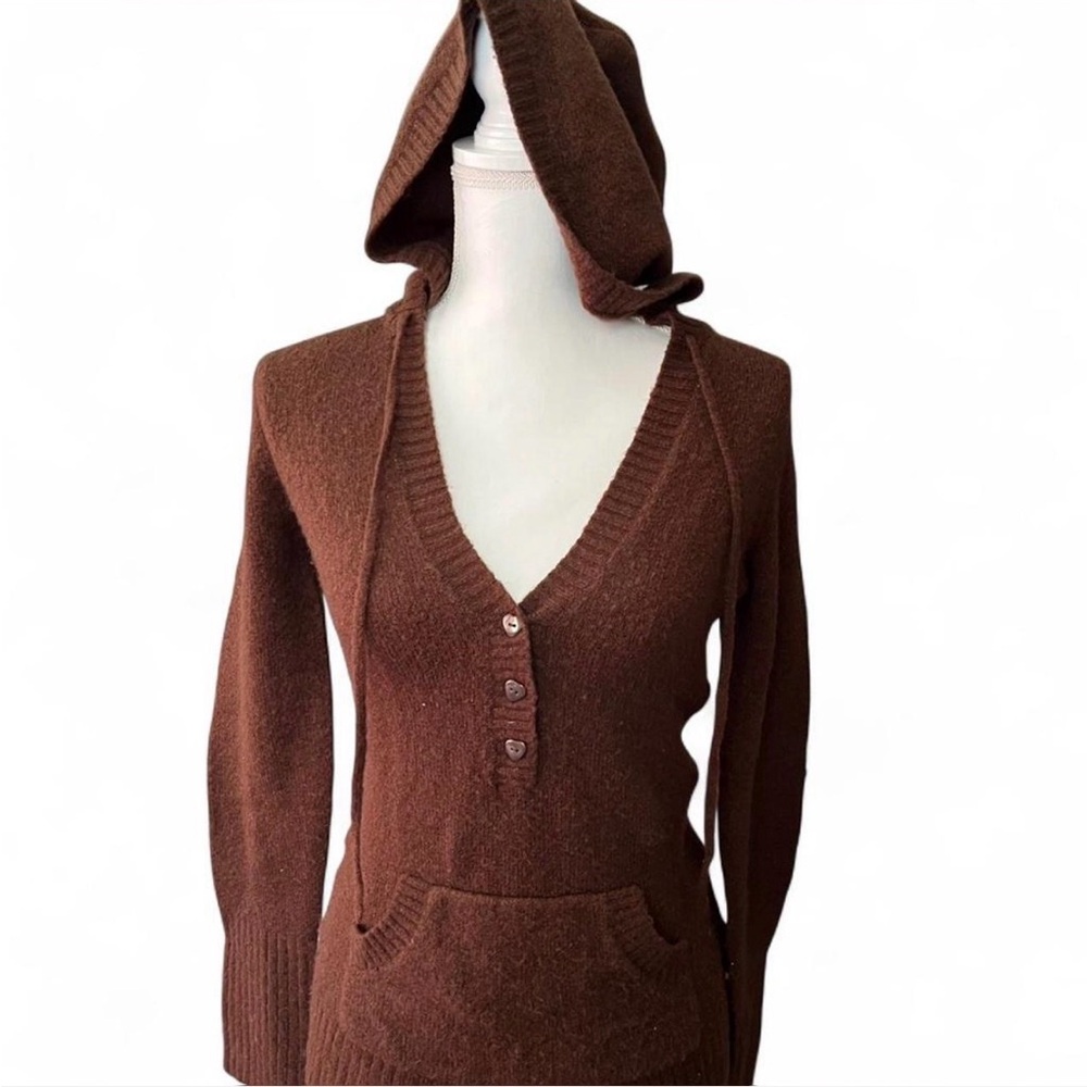 Love Tree Brown Hooded V-Neck Button Sweater